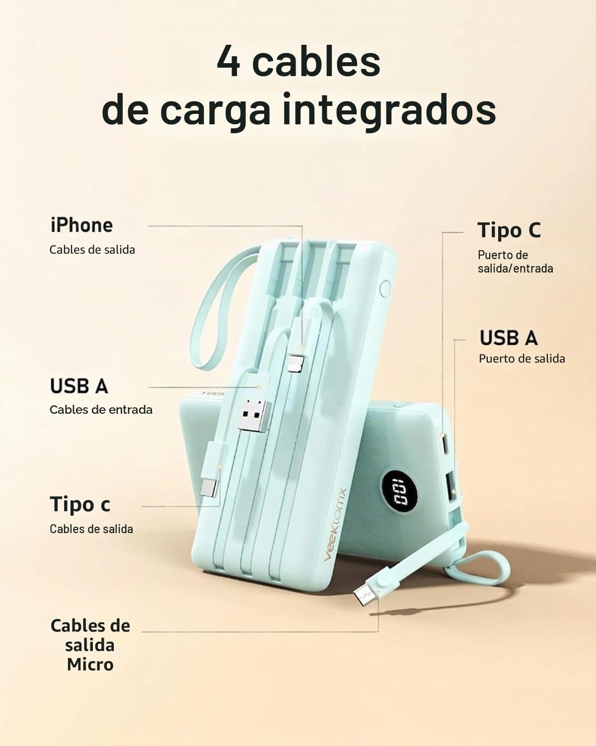VEEKTOMX Cargador portátil de 10000 mAh con cables integrados, carg...