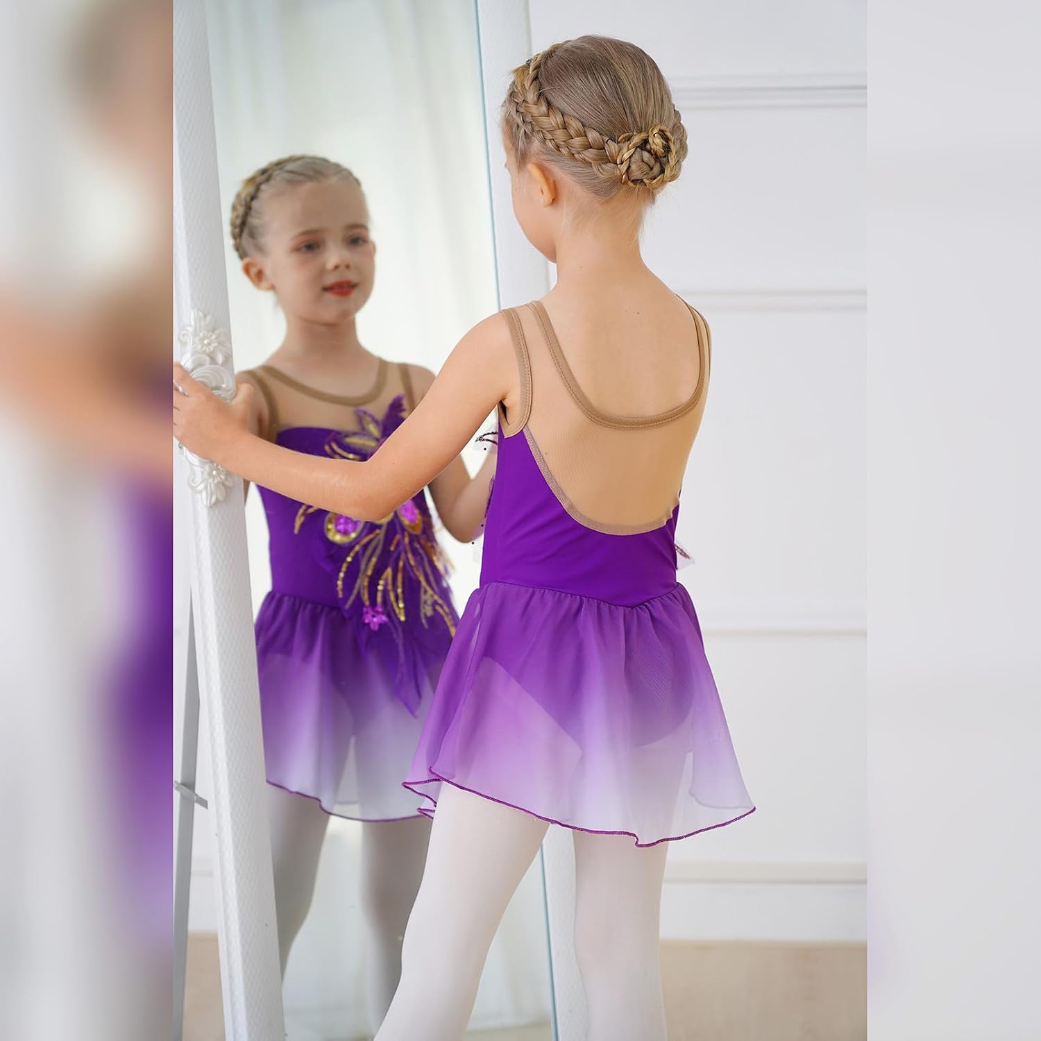 Vestido de patinaje artístico para niñas - Leotardo de malla con fl...