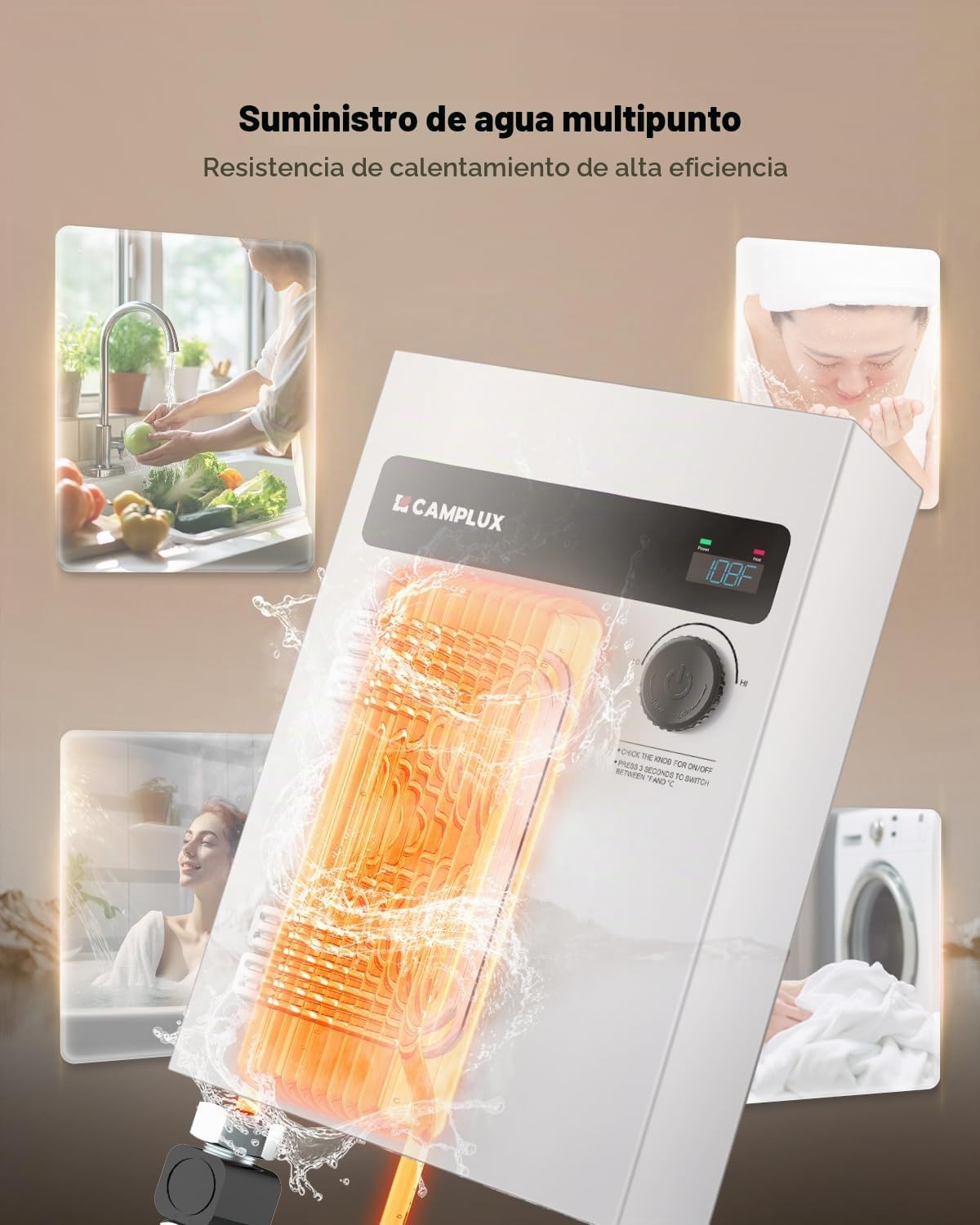 CAMPLUX Calentador Eléctrico Sin Tanque 27kW 240V, Agua Caliente In...