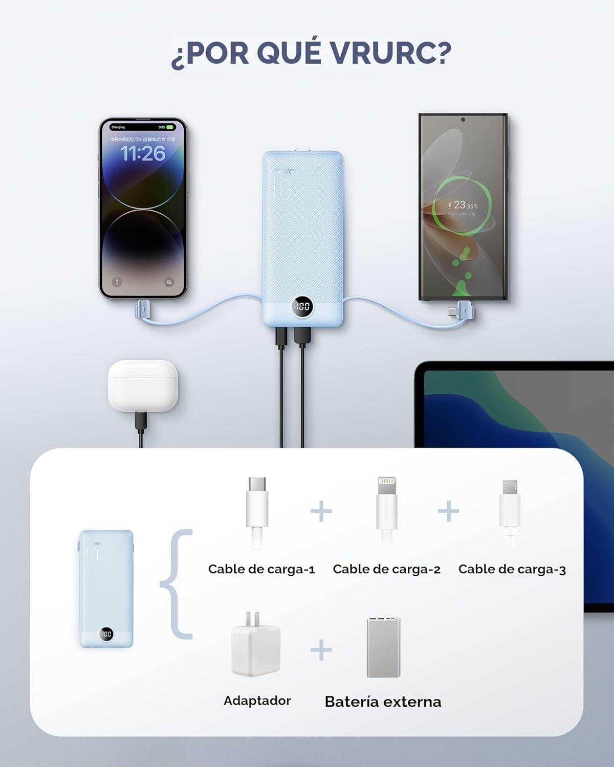 VRURC - Cargador portátil con cables integrados y enchufe de pared...