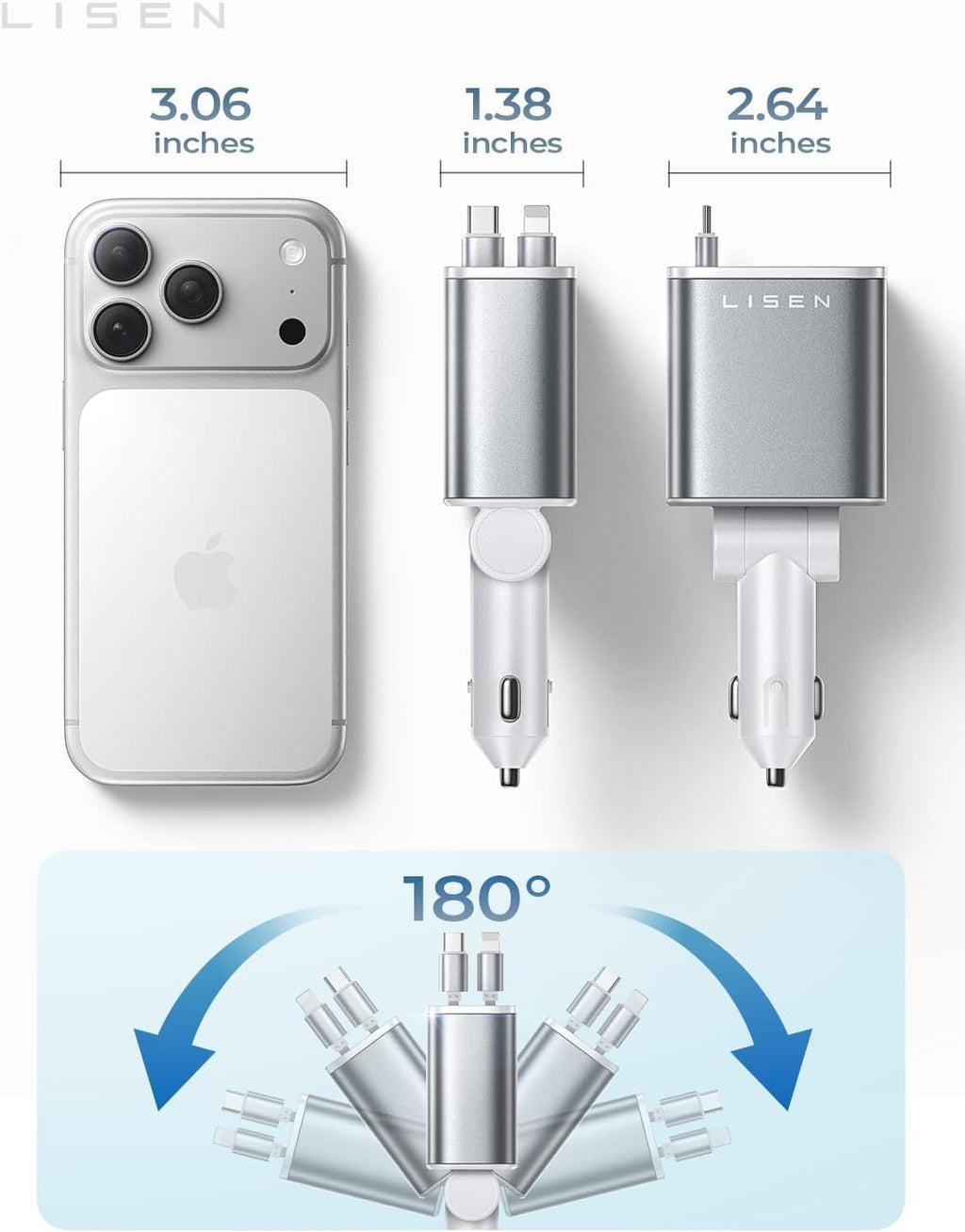 LISEN Cargador retráctil de coche para iPhone, para iPhone 17 Pro M...
