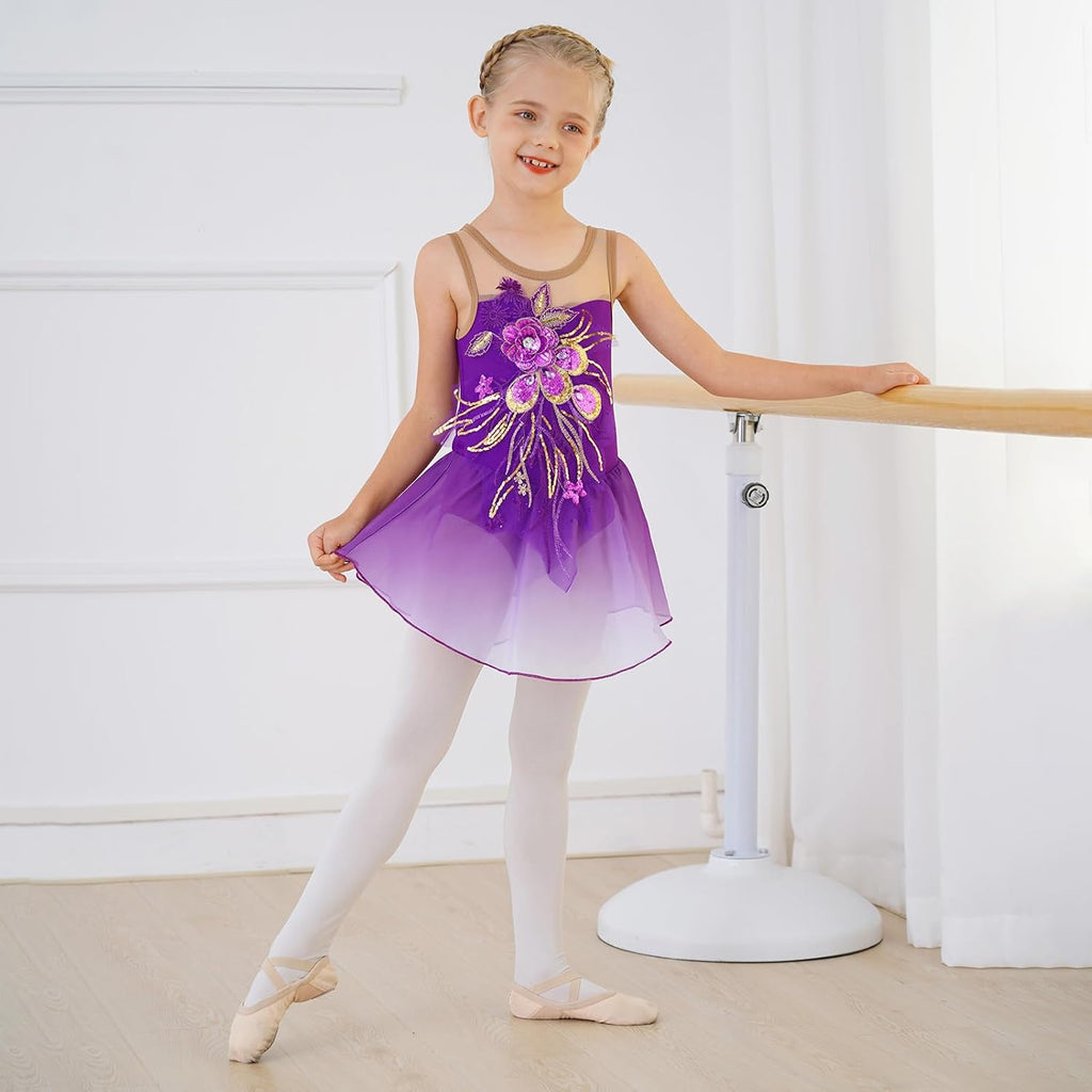 Vestido de patinaje artístico para niñas - Leotardo de malla con fl...