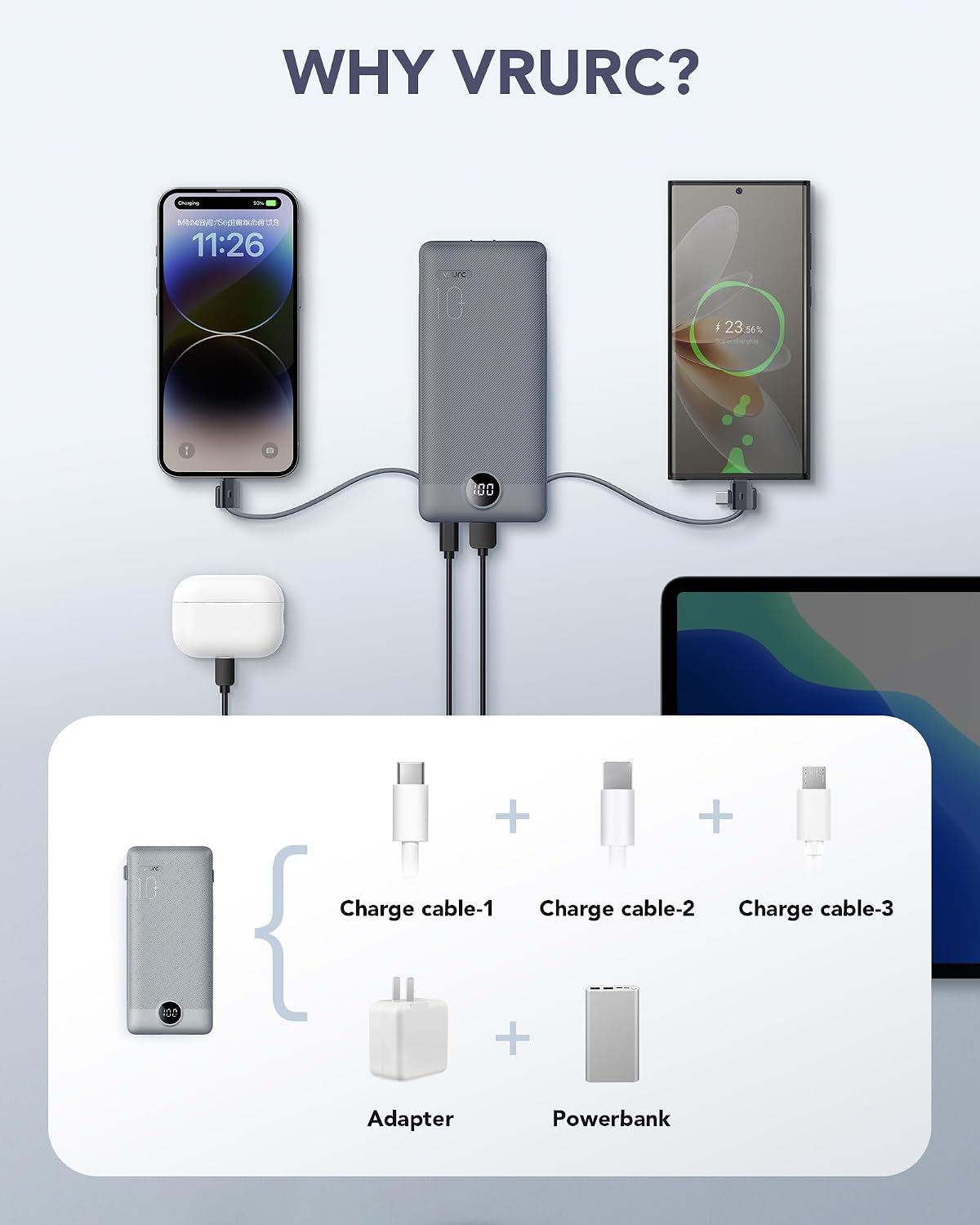 VRURC Cargador portátil con cables integrados y enchufe de pared AC...
