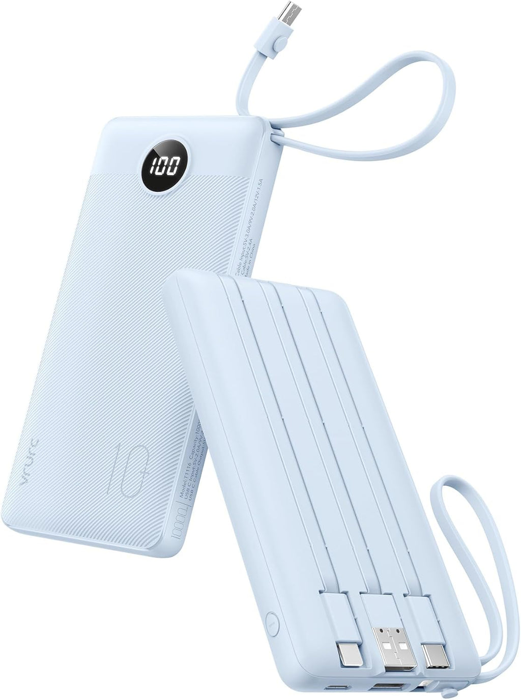 VRURC Banco de energía de 10000 mAh, cables integrados, cargador po...