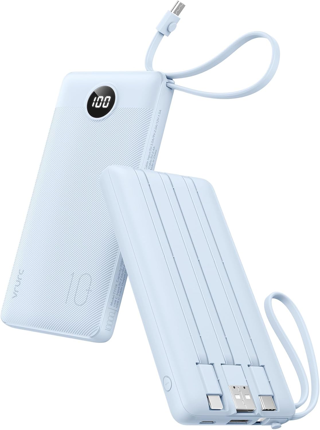 VRURC Banco de energía de 10000 mAh, cables integrados, cargador po...