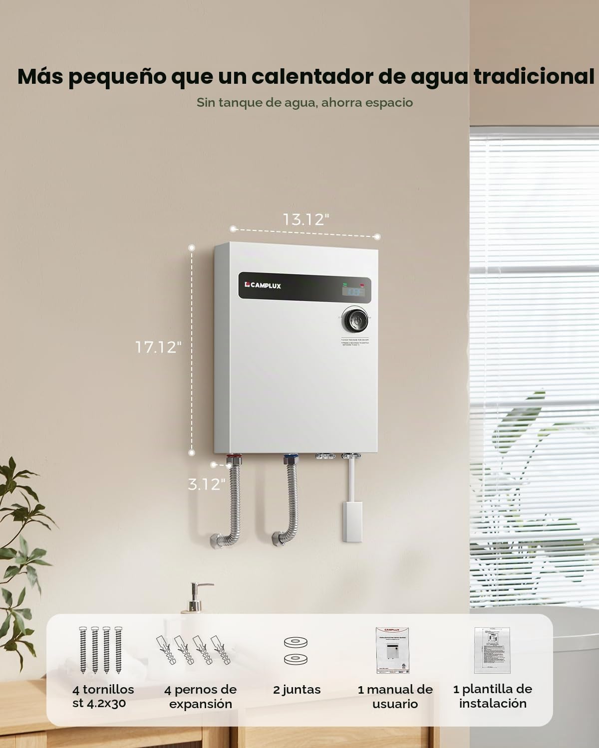 CAMPLUX Calentador Eléctrico Sin Tanque 27kW 240V, Agua Caliente In...