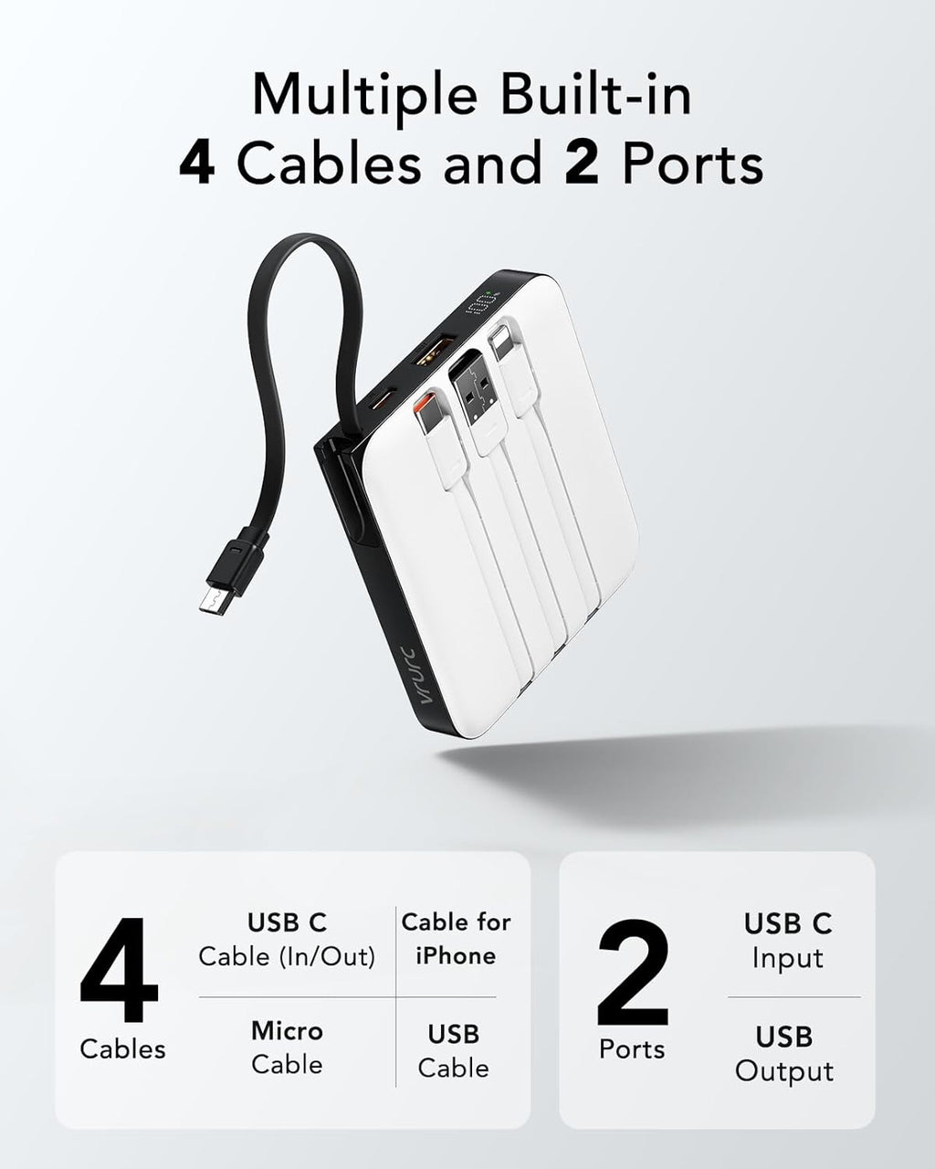 VRURC - Cargador portátil con 4 cables integrados, paquete de bater...