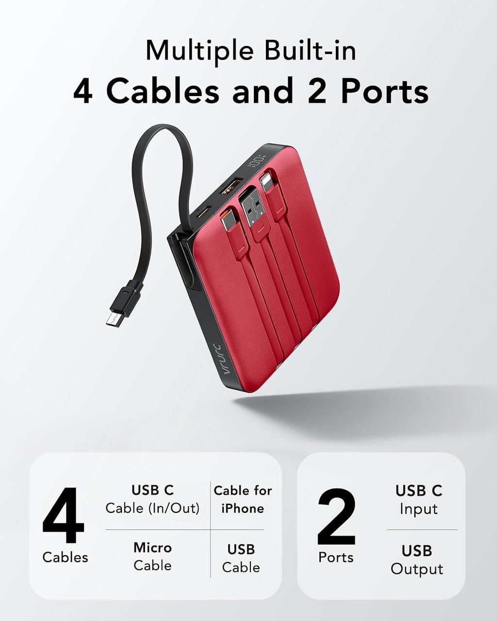 VRURC Cargador portátil de 10000 mAh para iPhone con cables integra...