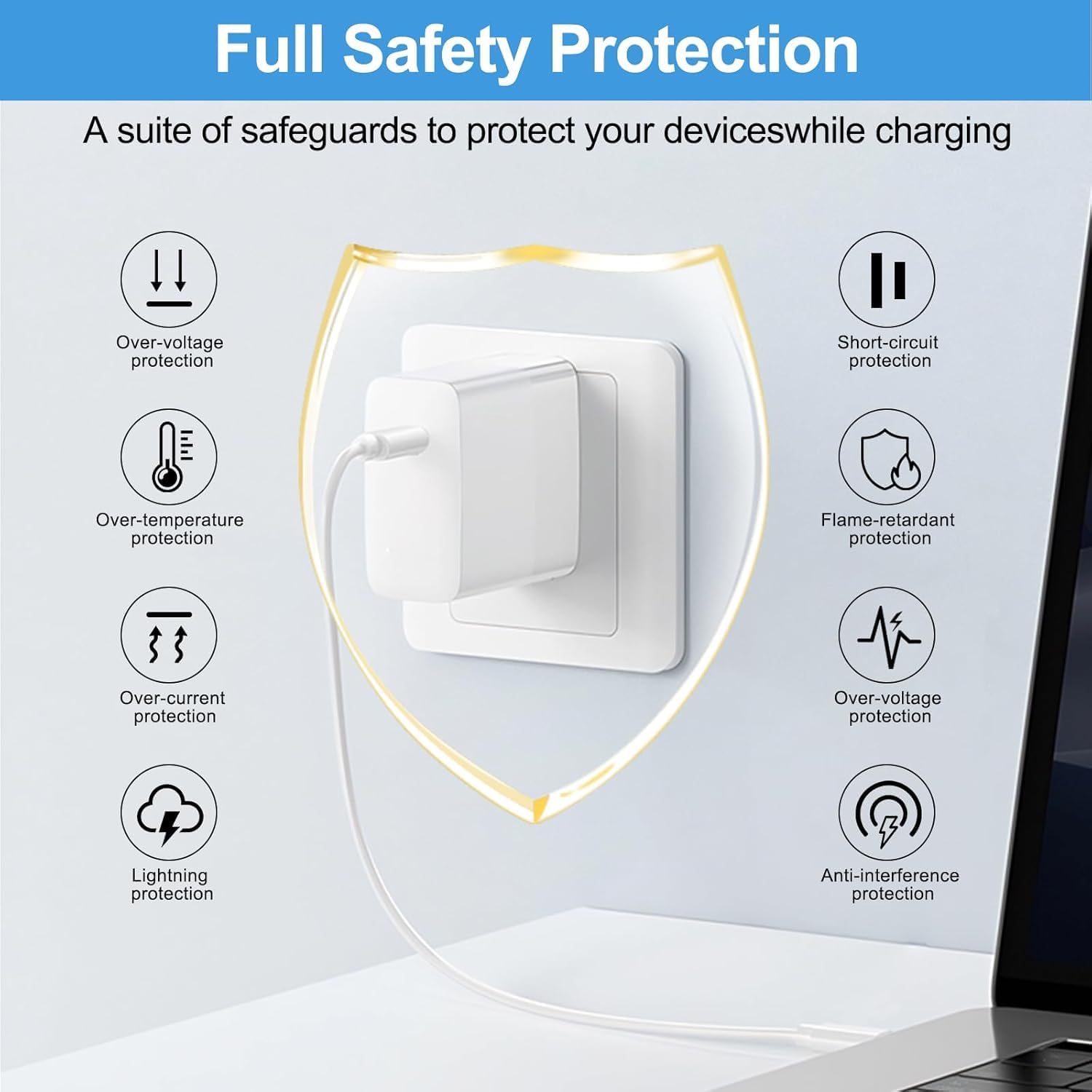 65W GaN USB C Fast Charger, PD 3.0 Wall Adapter with 6.6ft Cable, R...