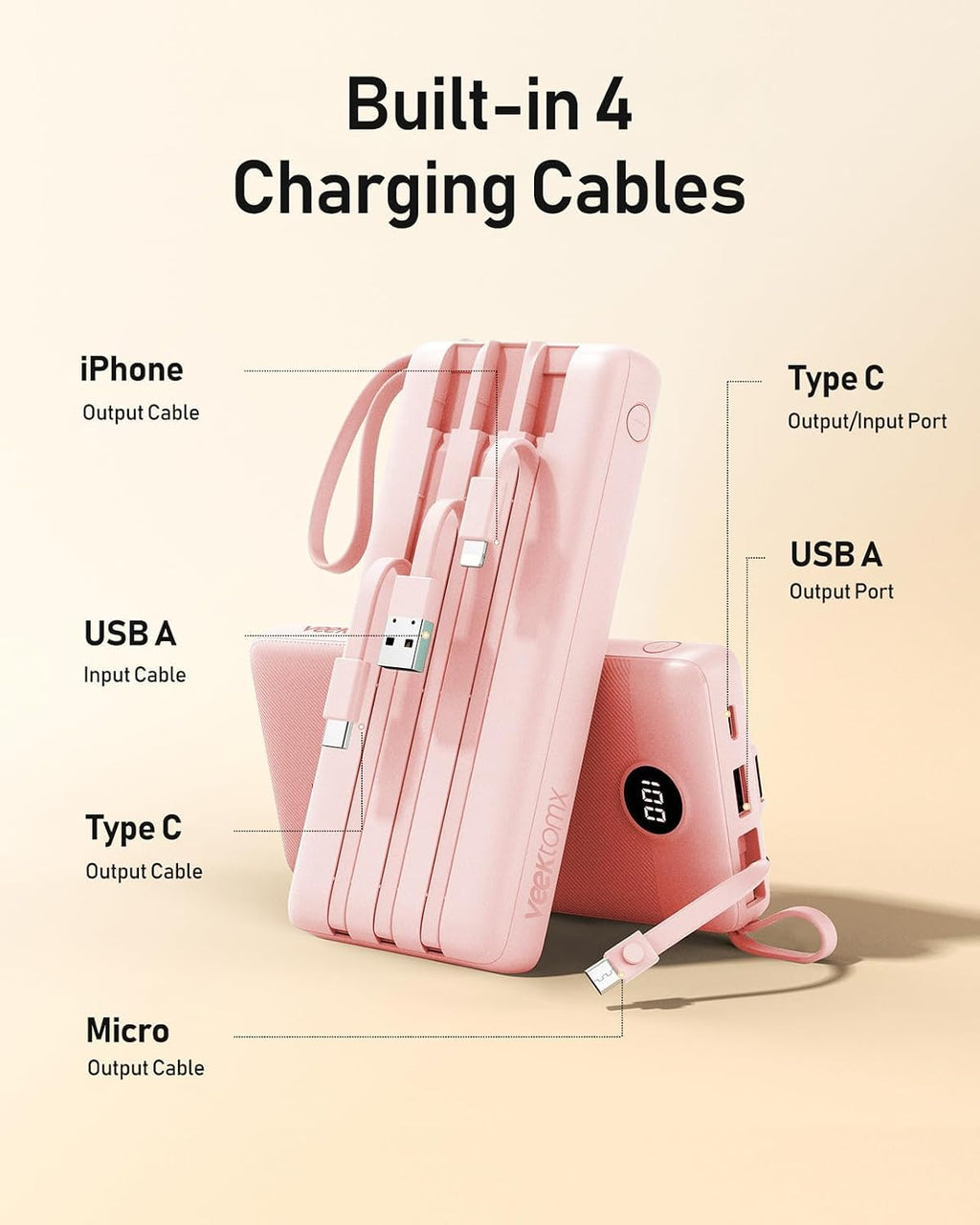 VEEKTOMX Cargador Portátil con Cables Integrados, Banco de Energía...