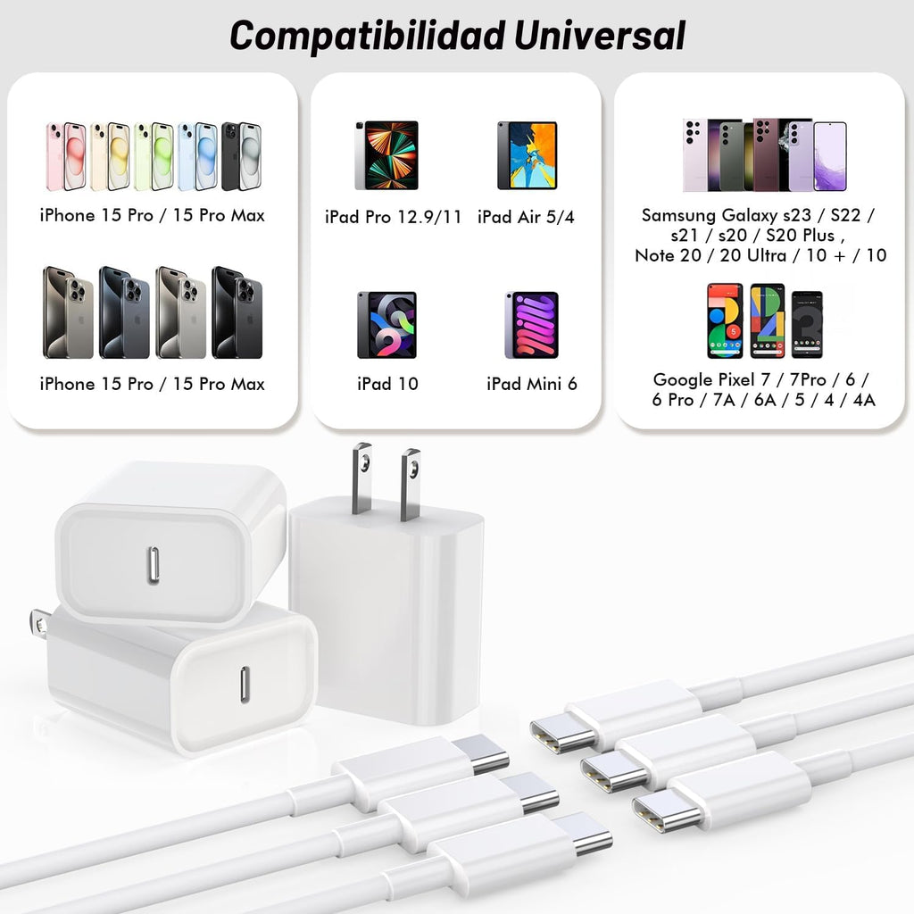 Bloque de cargador USB C rápido, paquete de 3 cables USBC a USBC de...