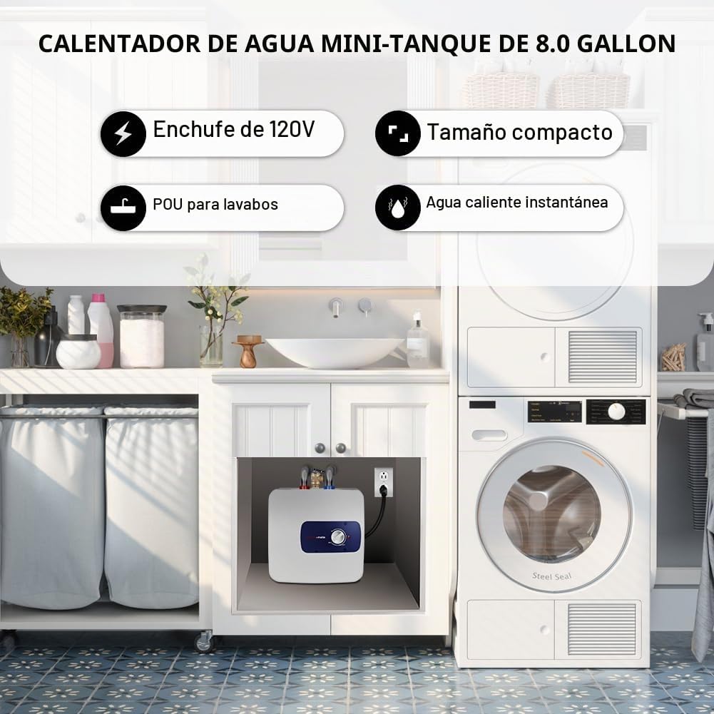 Calentador de agua con tanque eléctrico ThermoMate, 8.0 galones de...