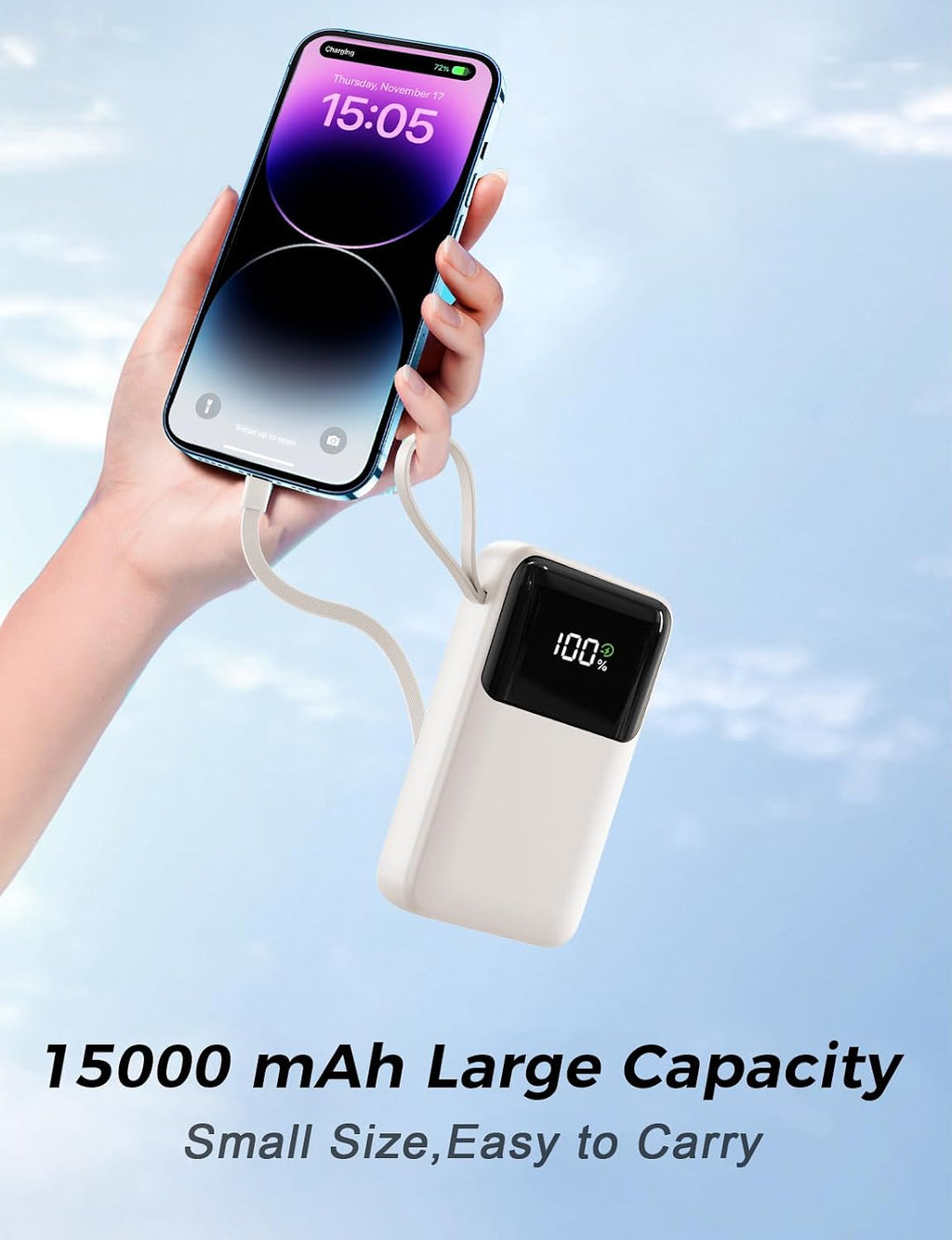 Banco de energía, cargador portátil de 15000 mAh con cable integrad...