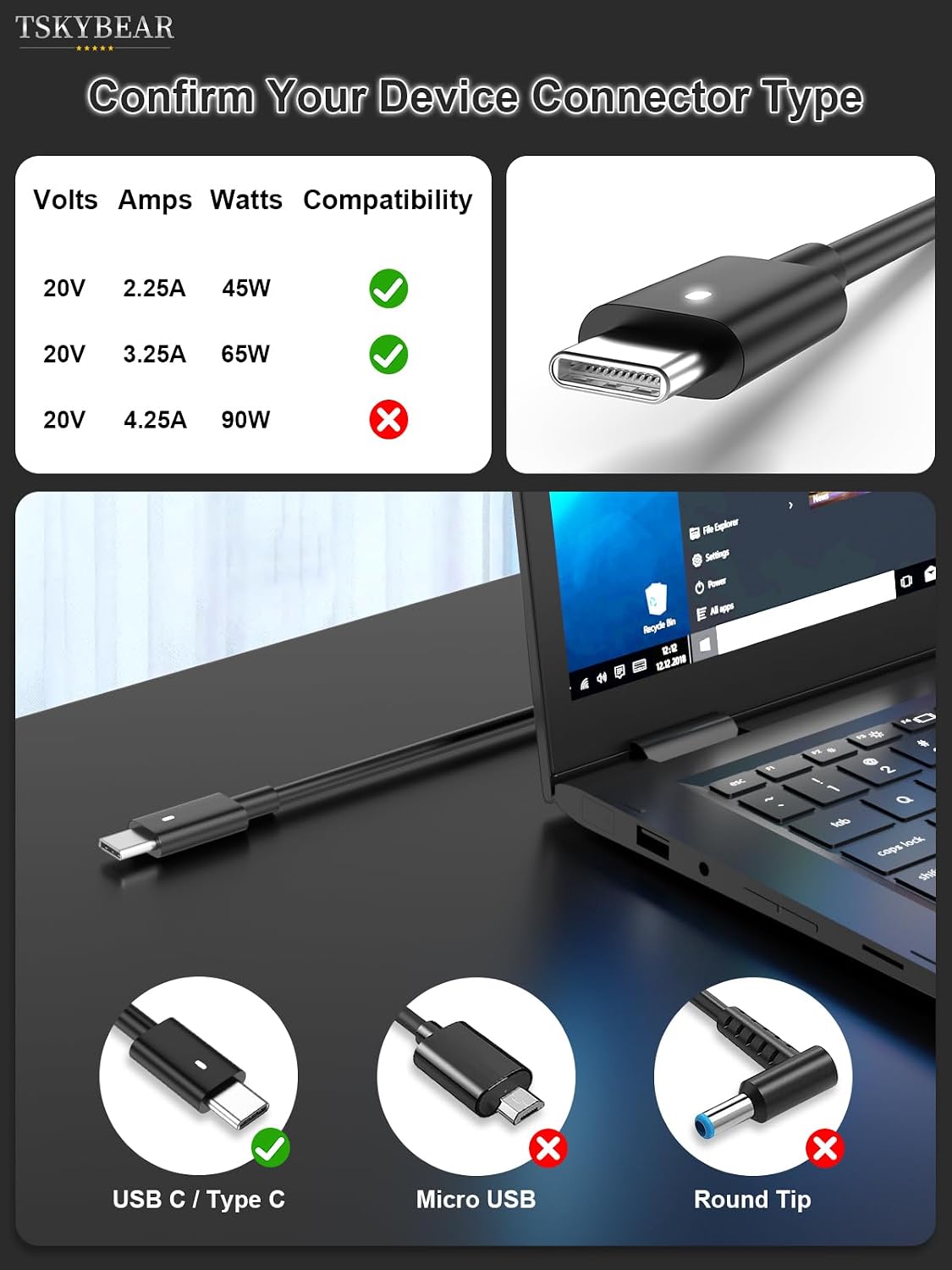TSKYBEAR 65W 45W Compatible con Dell Laptop Cargador USB C Latitude...