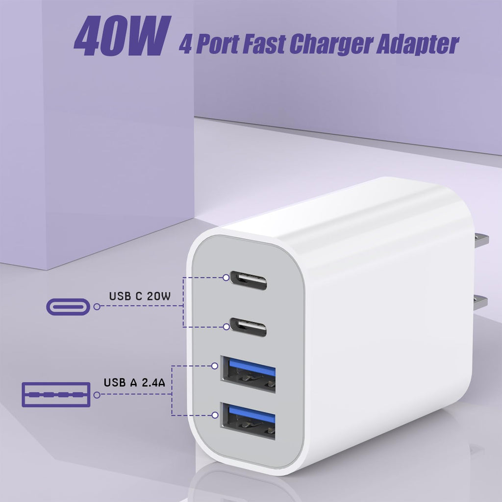 Bloque de carga rápida USB, adaptador de carga de 4 puertos de 40 W...
