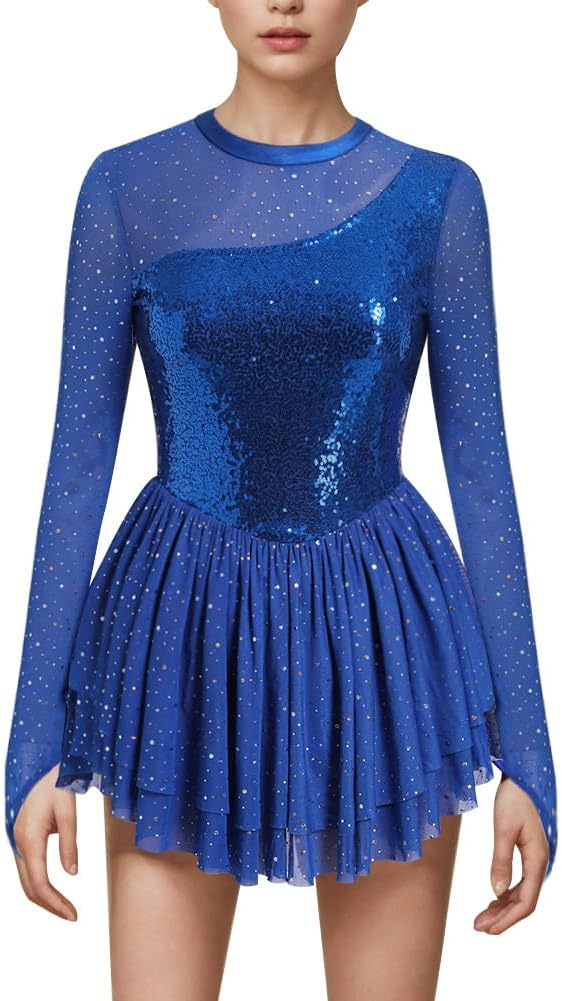 AFAVOM Vestido de patinaje artístico con lentejuelas para mujer, ma...