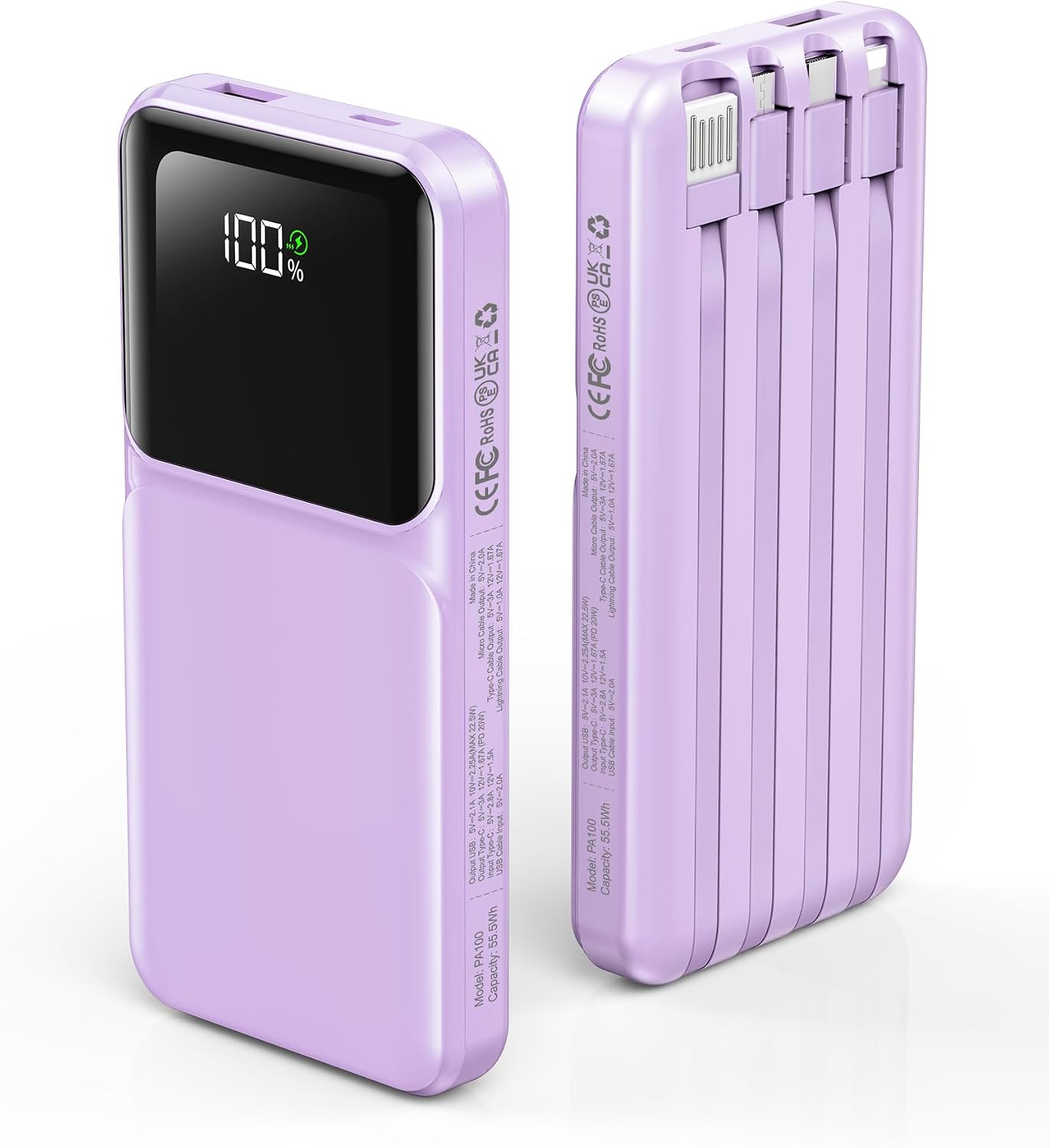 RONEGN Cargador portátil con cable integrado, batería de 22.5 W, ca...