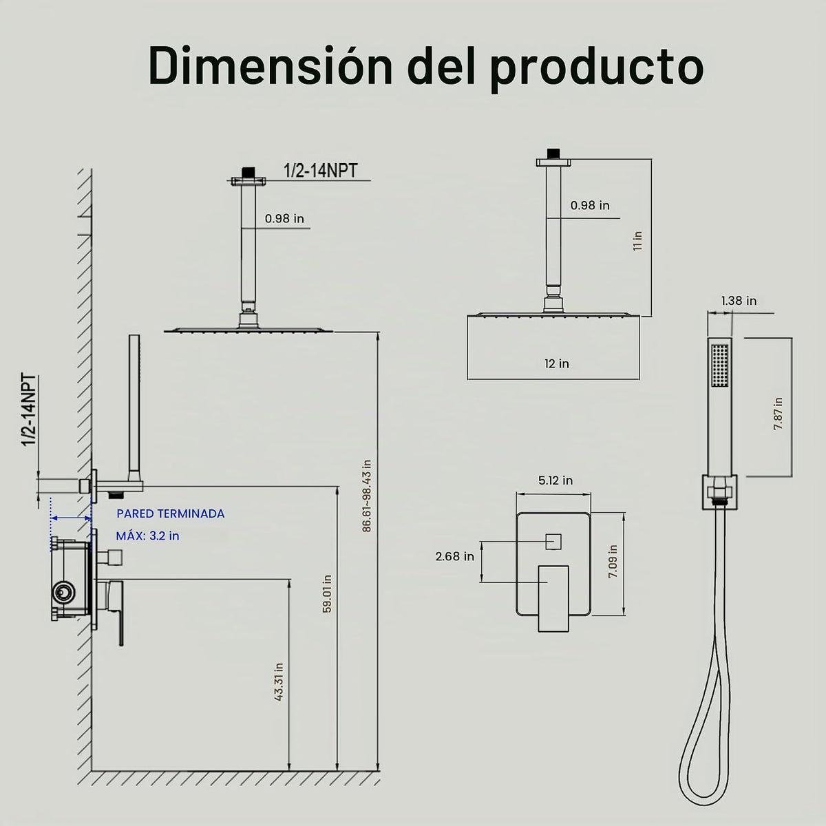 HoliSpa Sistema de ducha de montaje en techo, juego de grifo de duc...
