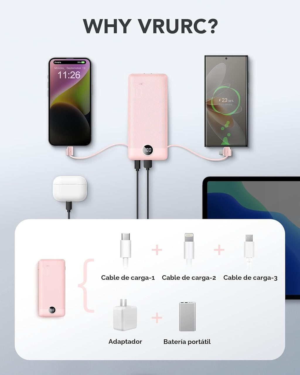 VRURC Cargador portátil con cables integrados y enchufe de pared de...