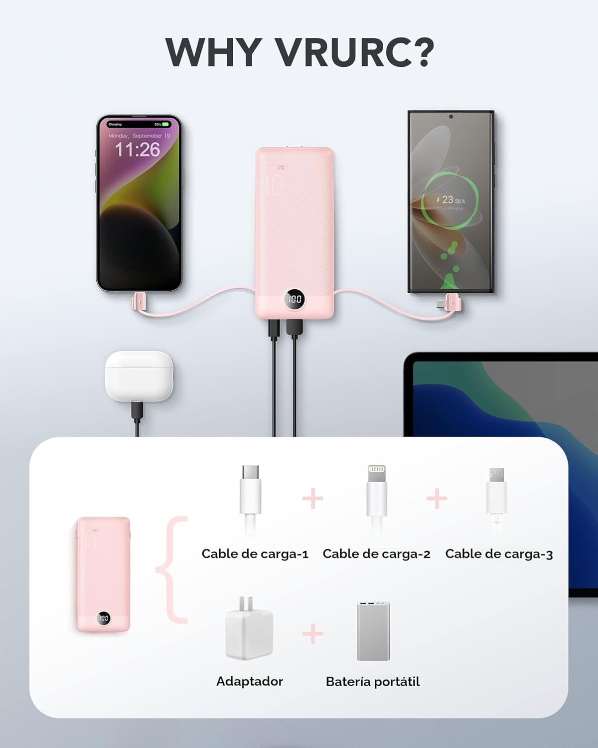 VRURC Cargador portátil con cables integrados y enchufe de pared de...