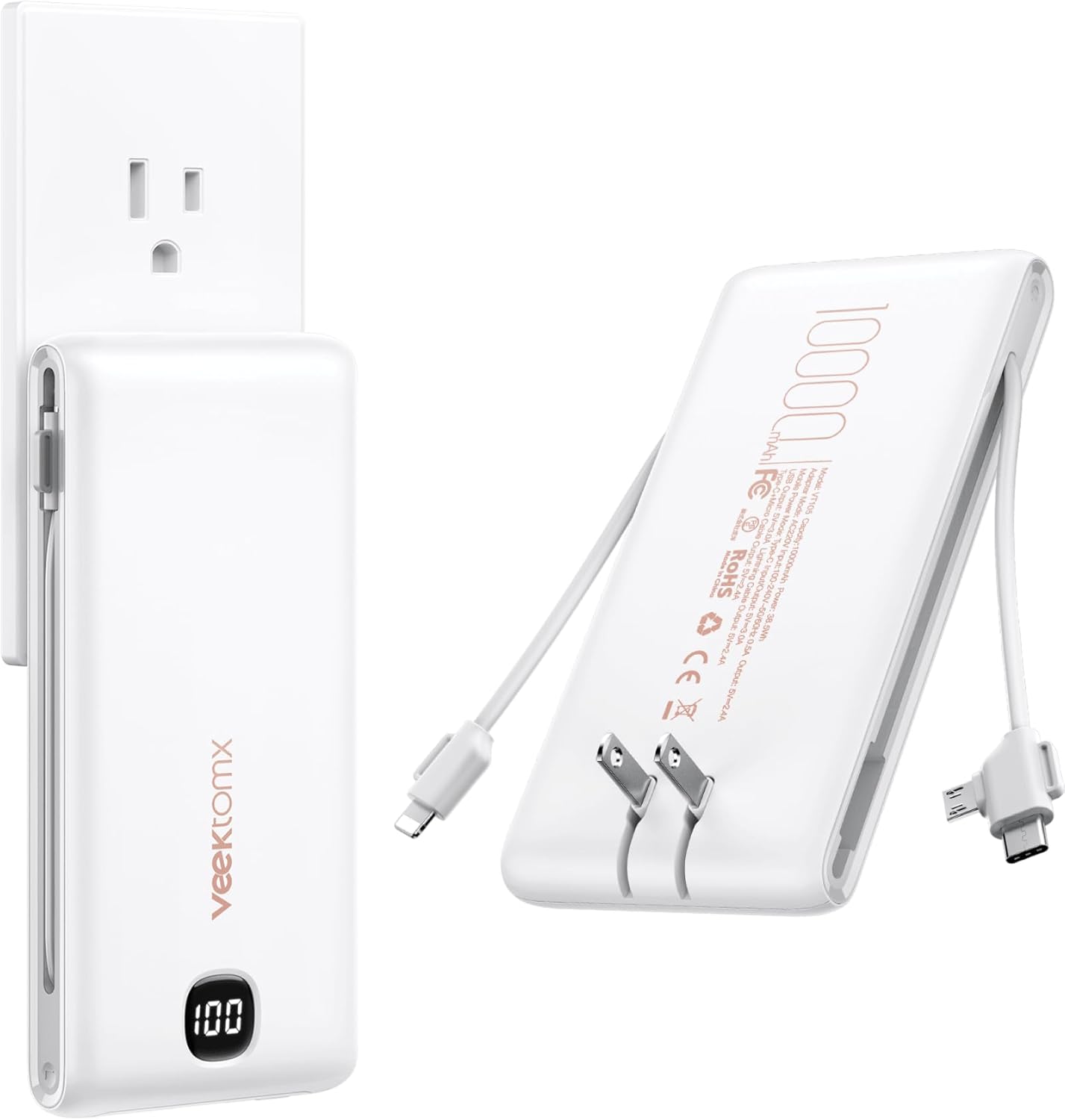 VEEKTOMX Cargador portátil con cables integrados de 10000 mAh, banc...