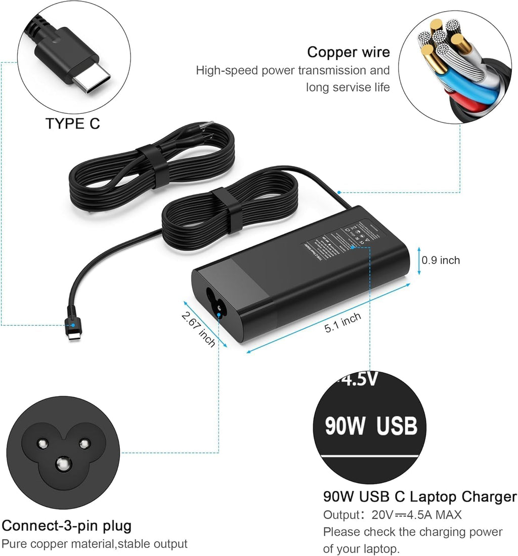 90W USB C Cargador portátil de reemplazo para HP Spectre x360 90414...