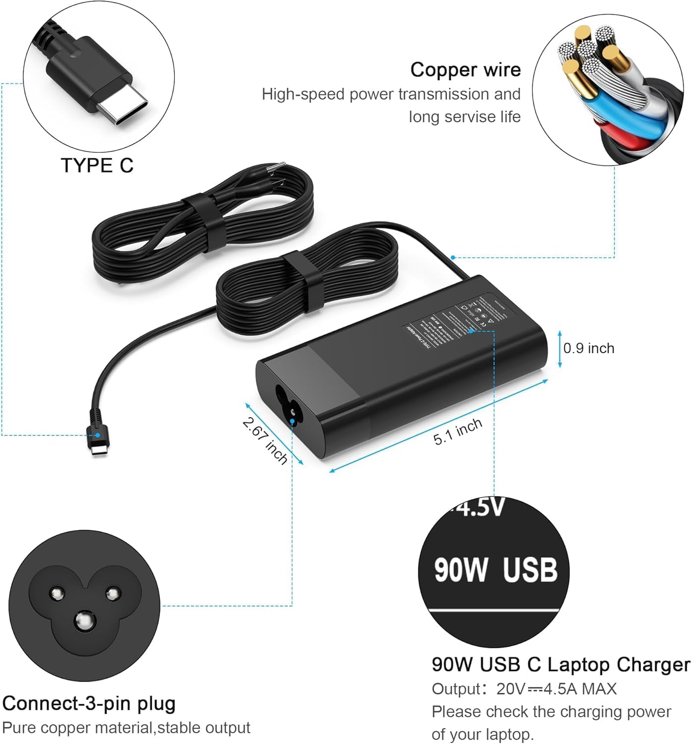 90W USB C Cargador portátil de reemplazo para HP Spectre x360 90414...