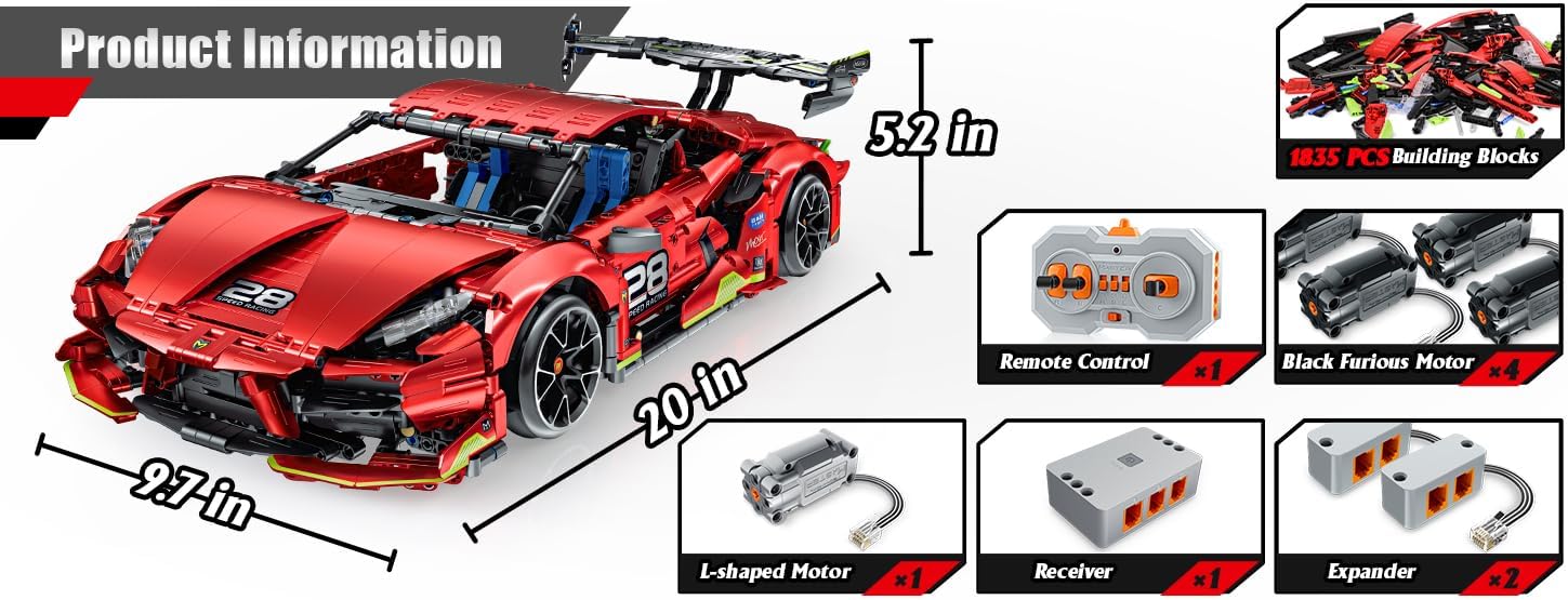 OWNONE 1 Kit de construcción de súper auto a control remoto, 1835 p...