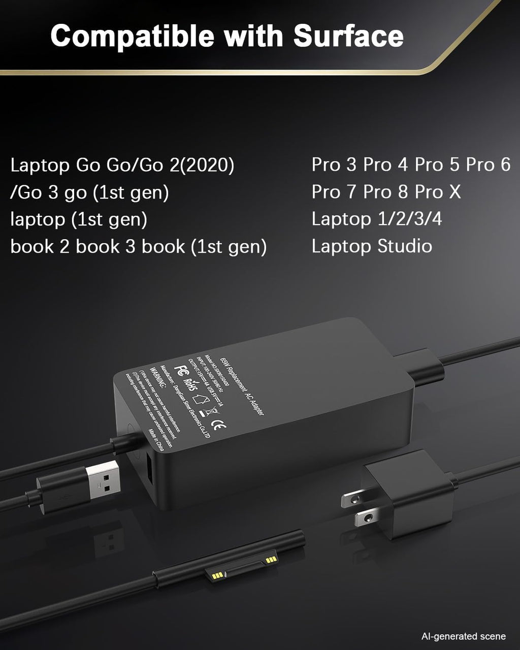 Cargador Surface Pro de 65 W, compatible con Microsoft Surface Pro...