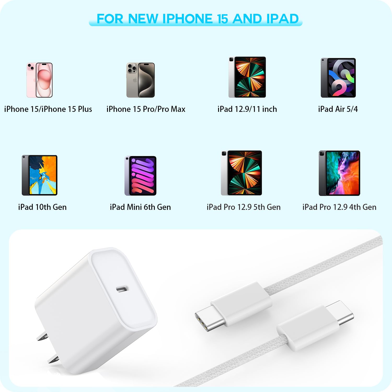 10 pies Apple iPhone 17 16 15 Cargador, paquete de 2 cables tejidos...