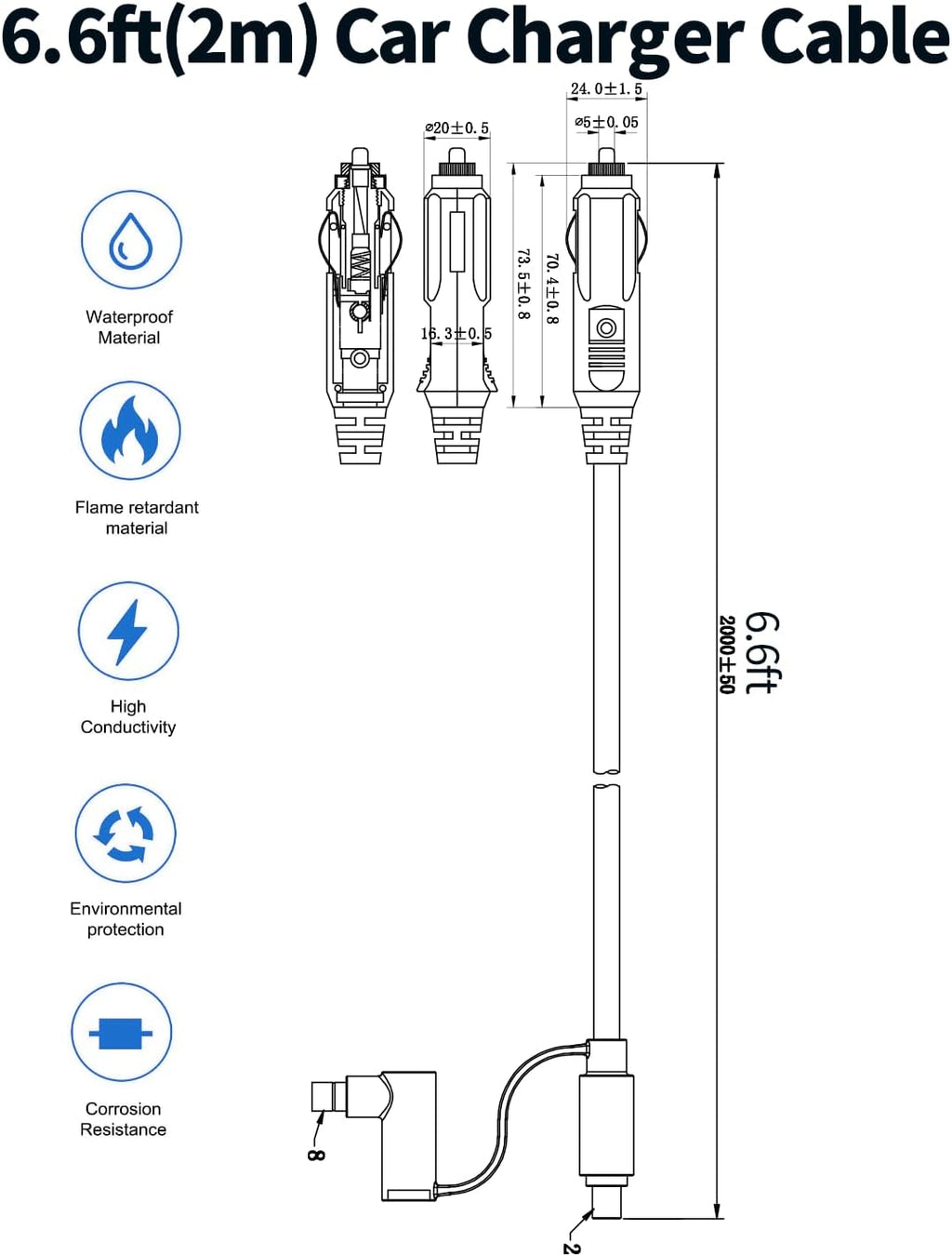 Cargador de coche de 12V\/24V 2M 14AWG compatible con Jackery\/BLUE...
