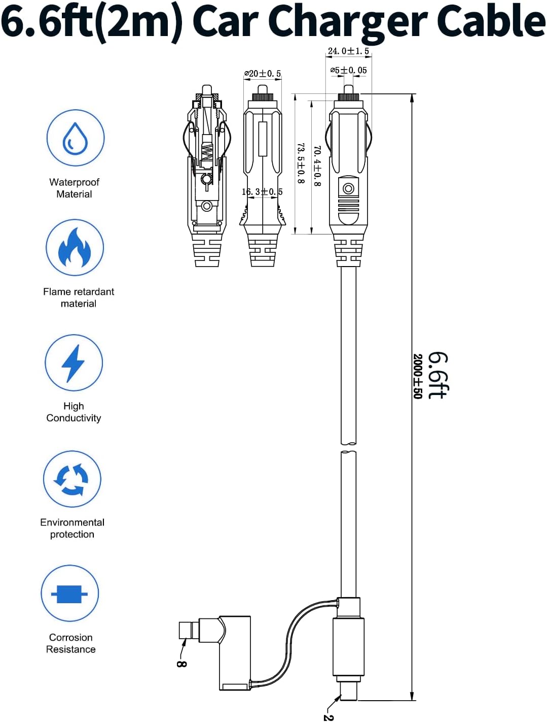 Cargador de coche de 12V\/24V 2M 14AWG compatible con Jackery\/BLUE...