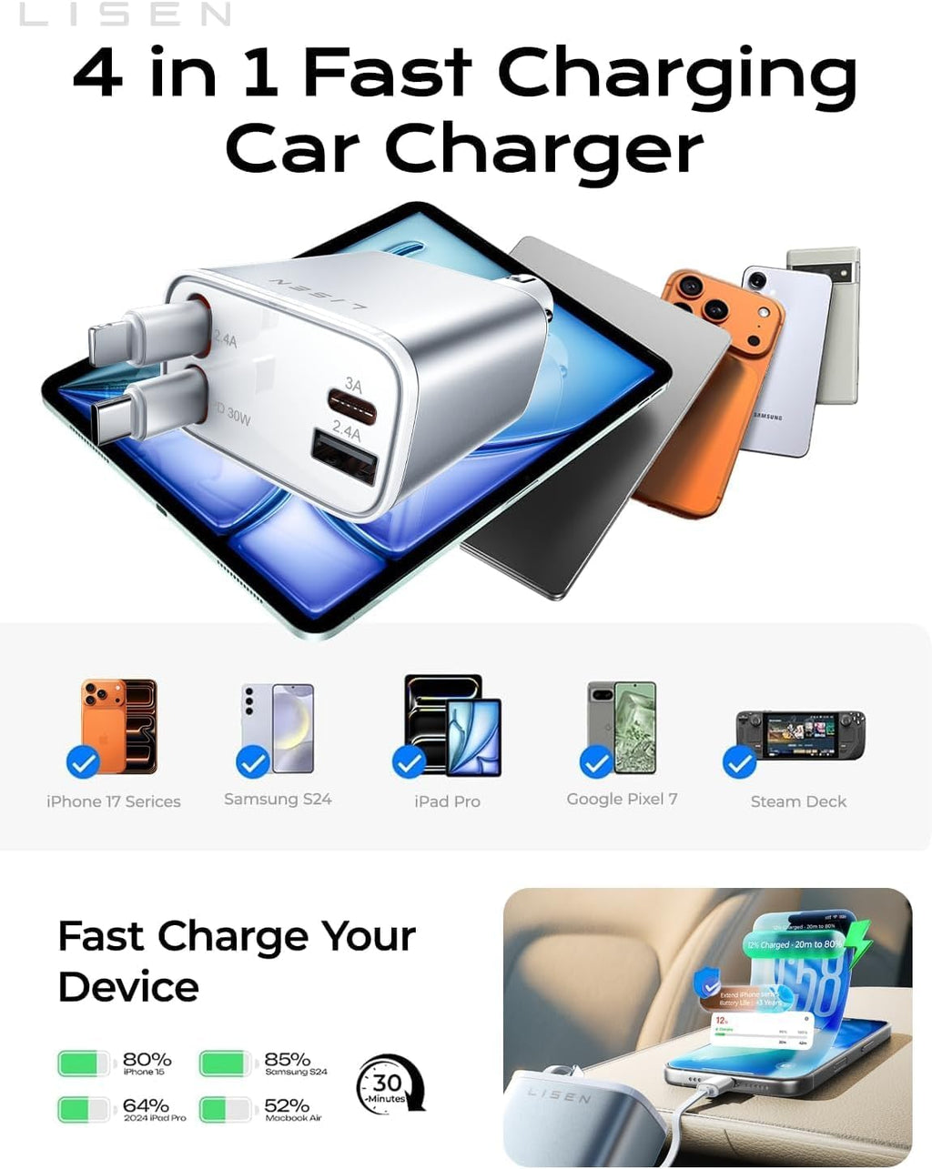 LISEN Cargador retráctil de coche para iPhone, para iPhone 17 Pro M...