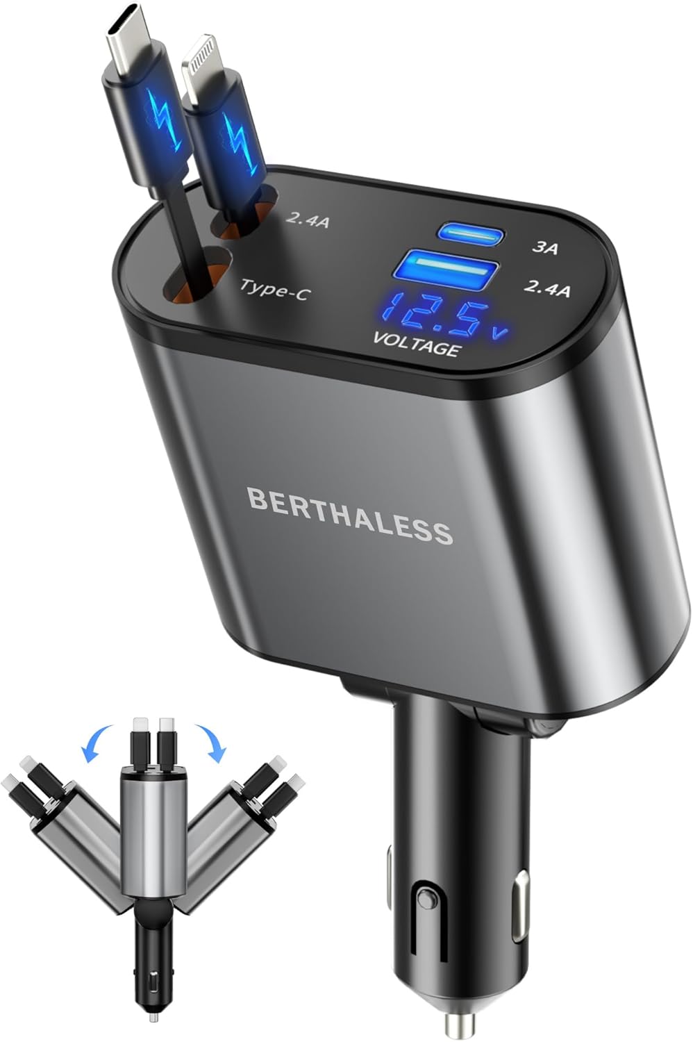 BERTHALESS Cargador retráctil para automóvil, cargador de coche 4 e...