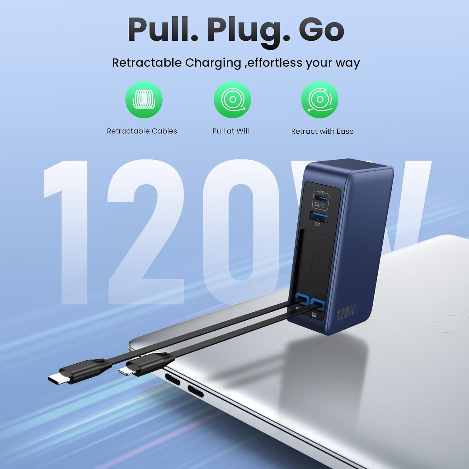 Bloque de Cargador USB C de 120W con 2 Cables Retráctiles Integrado...