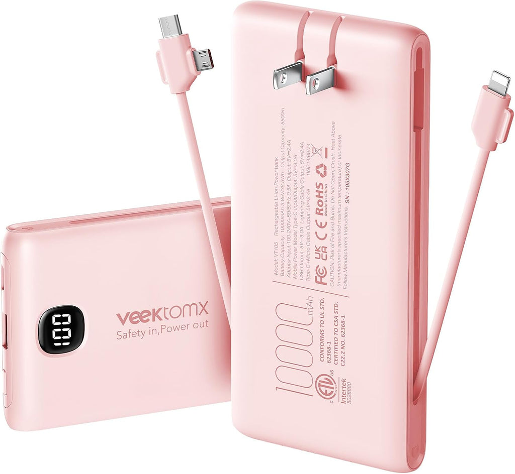Cargador portátil de batería con cables integrados y enchufe de par...