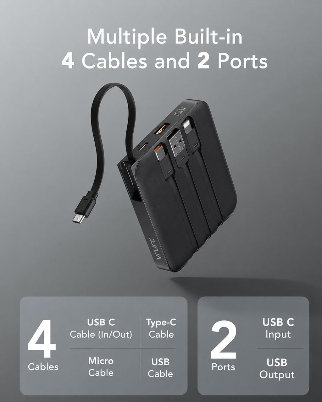 VRURC - Cargador portátil con cable incorporado, batería de 10000 m...