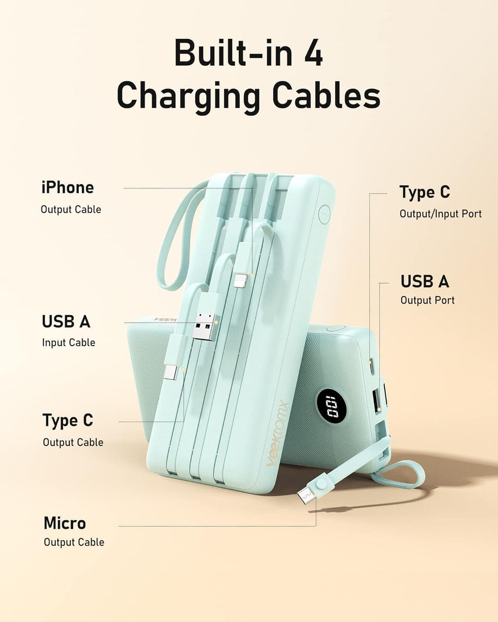 VEEKTOMX Cargador portátil con cables integrados, banco de energía...