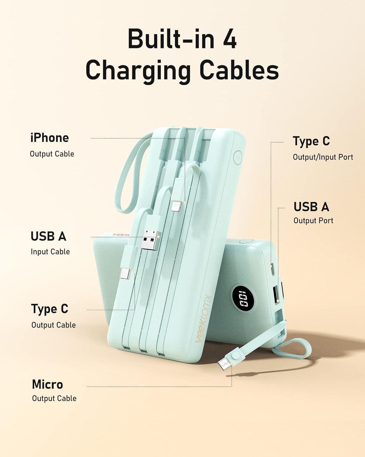 VEEKTOMX Cargador portátil con cables integrados, banco de energía...