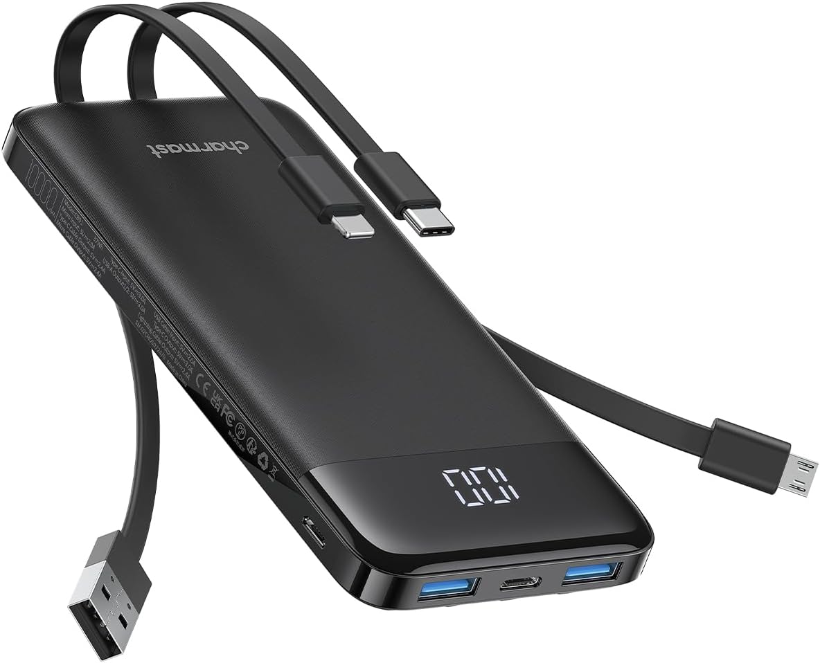 Charmast Cargador portátil con cables incorporados, batería externa...