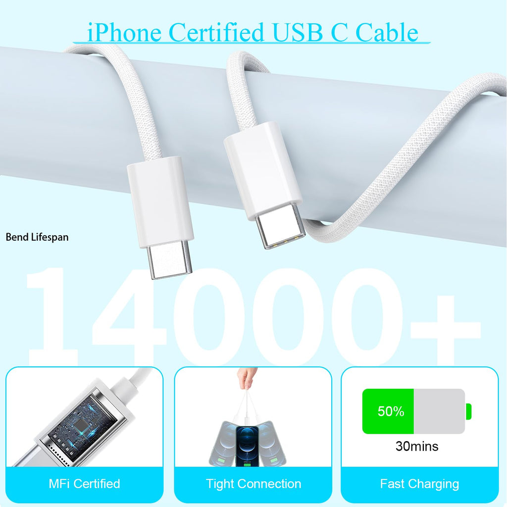 10 pies Apple iPhone 17 16 15 Cargador, paquete de 2 cables tejidos...