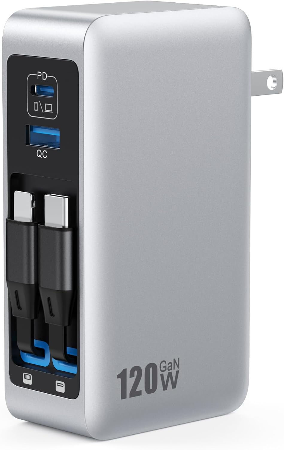 Bloque de cargador USB C de 120 W con 2 cables retráctiles integrad...