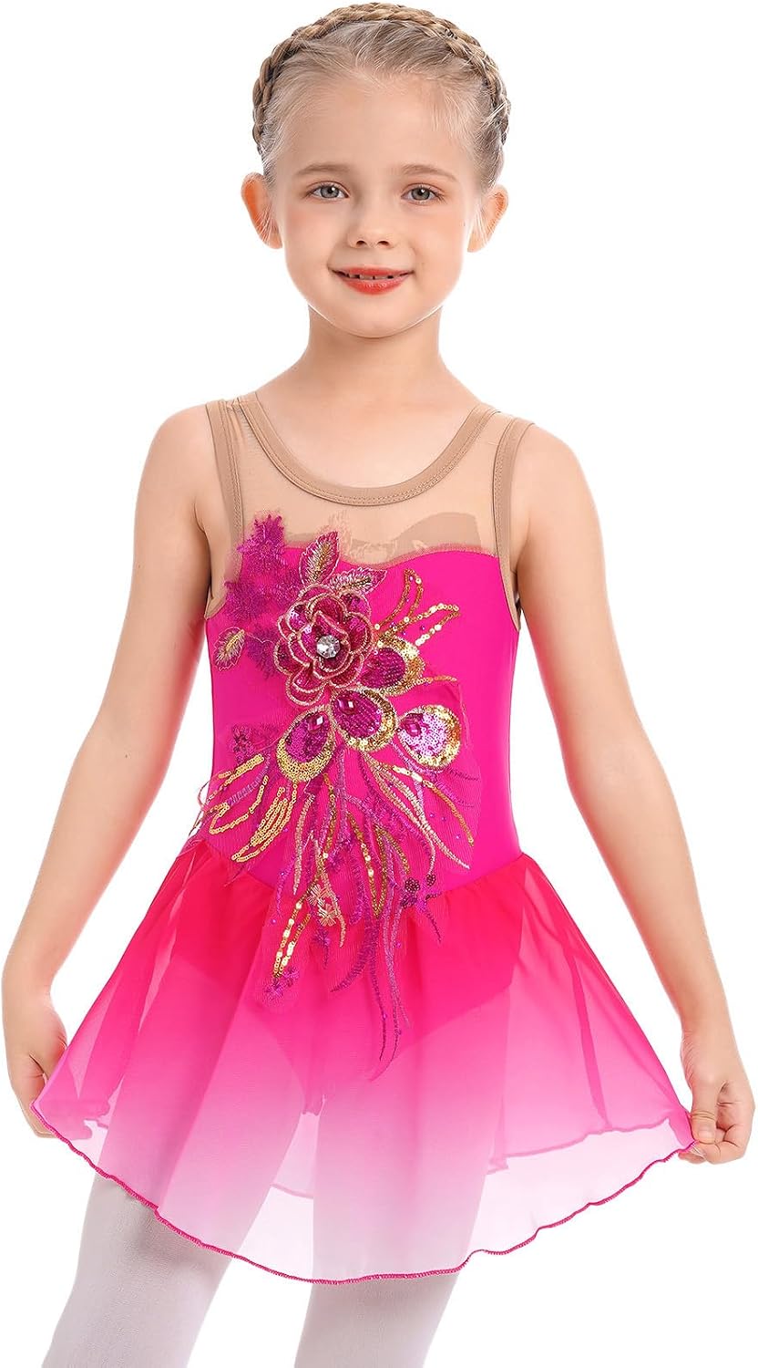Vestido de patinaje artístico para niñas - Leotardo de malla con fl...