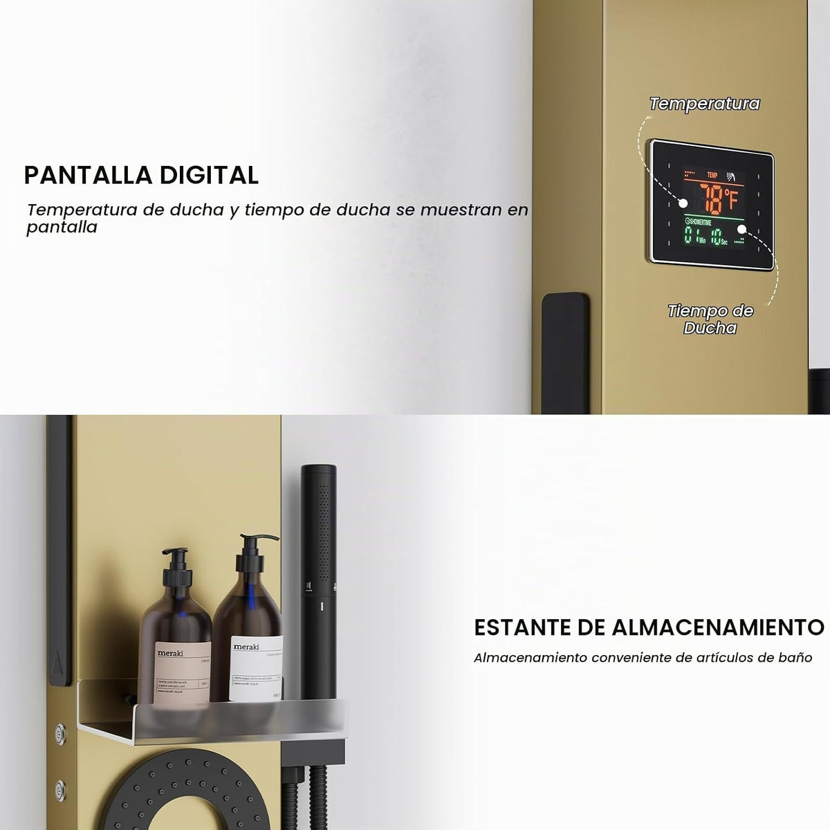 Hoimpro Sistema de torre de panel de ducha LED de oro cepillado, pa...