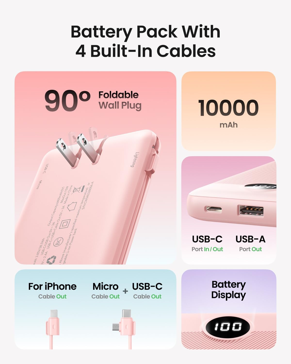 Coowisty Cargador portátil con cables integrados y enchufe de pared...