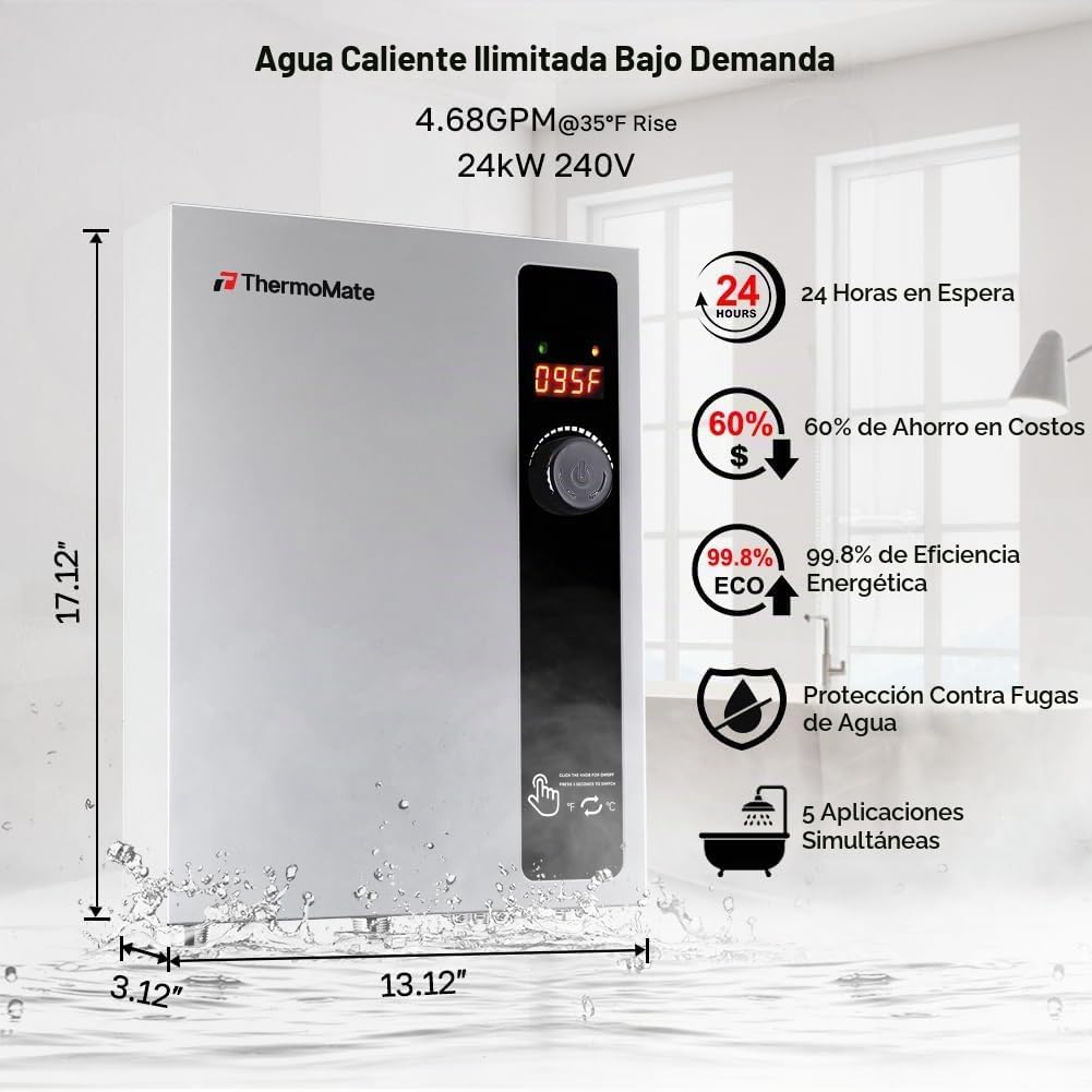Calentador de agua sin tanque eléctrico de 24kW 208~240 voltios, Th...