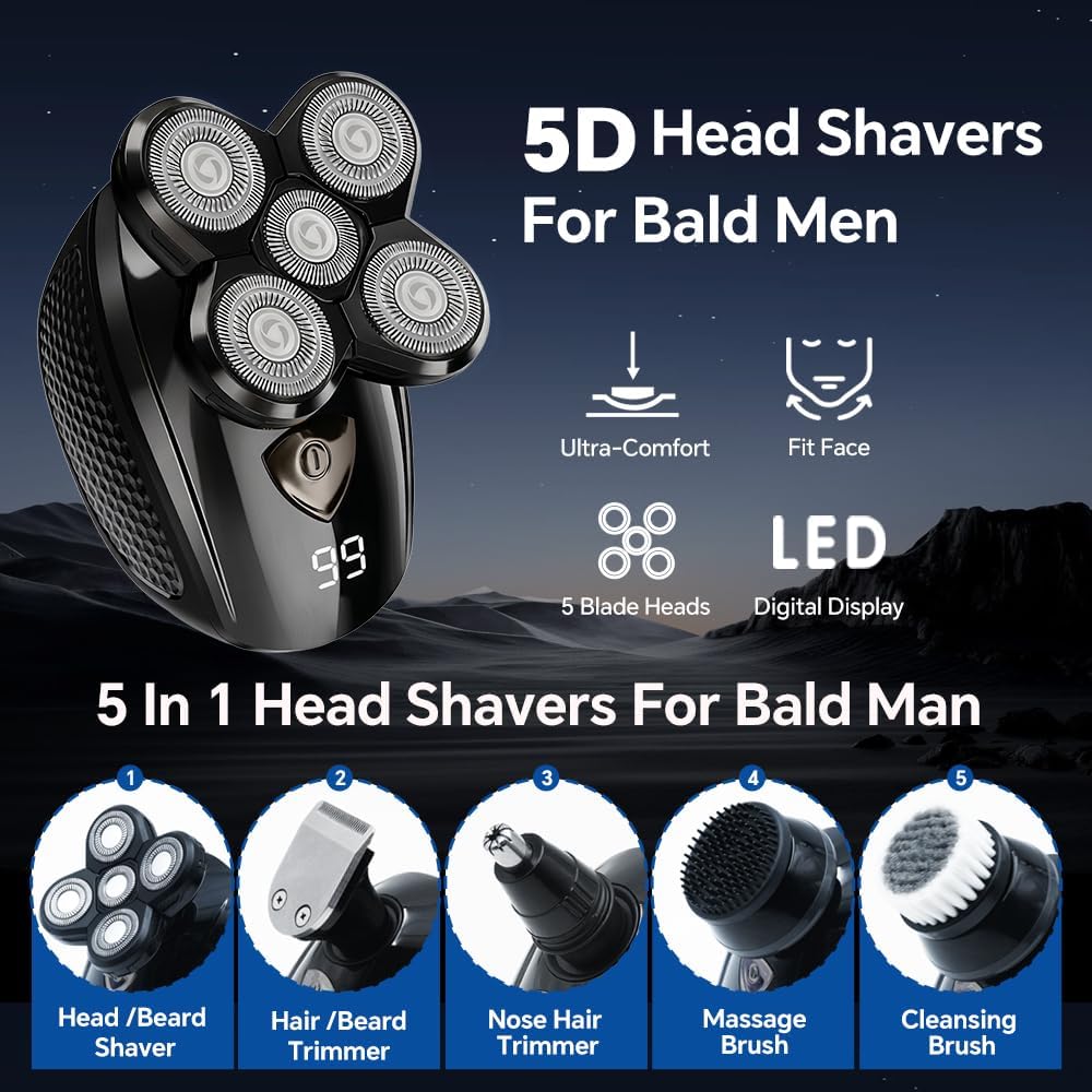 Afeitadoras de cabeza eléctricas 5D 5 en 1 para hombres calvos, maq...