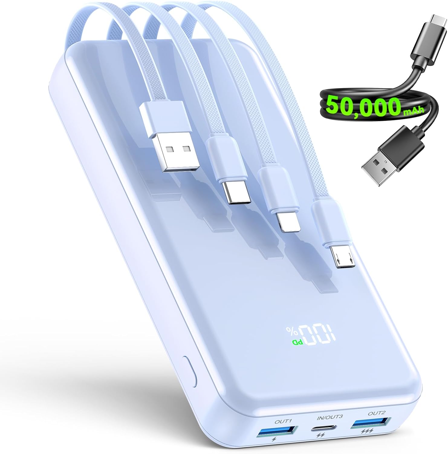 YILANS Cargador portátil, banco de energía de 50000 mAh, cable inte...