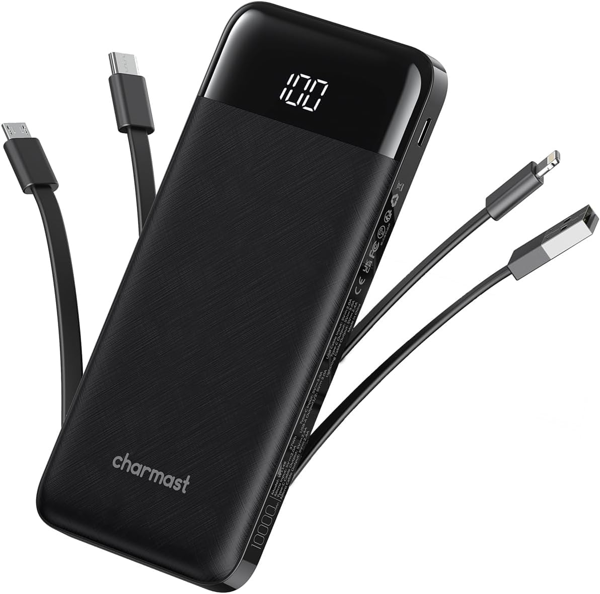 charmast Cargador portátil con cables incorporados, banco de energí...