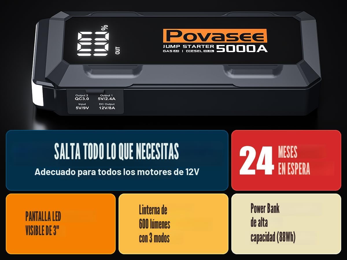 Arrancador de batería de coche Povasee A40 de 5000 A, caja de salto...